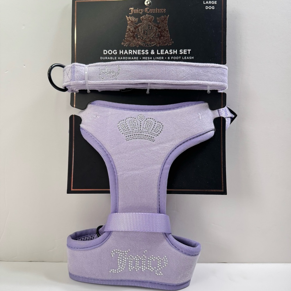 Juicy Couture Bling Velour Pet Harness and Leash Set - Purple - Large Dog